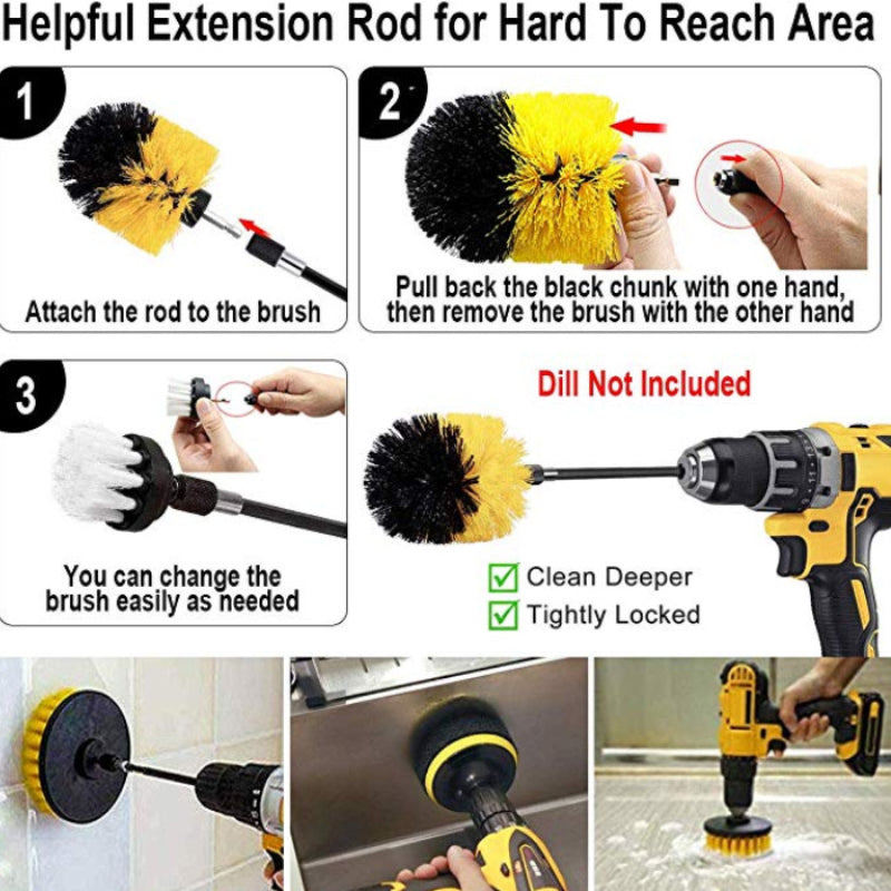 4Pack Drill Brush Power Scrubber Cleaning Brush Extended Long Attachment Set All Purpose Drill Scrub Brushes Kit for Grout, Floor, Tub, Shower, Tile, Bathroom and Kitchen Surface Black