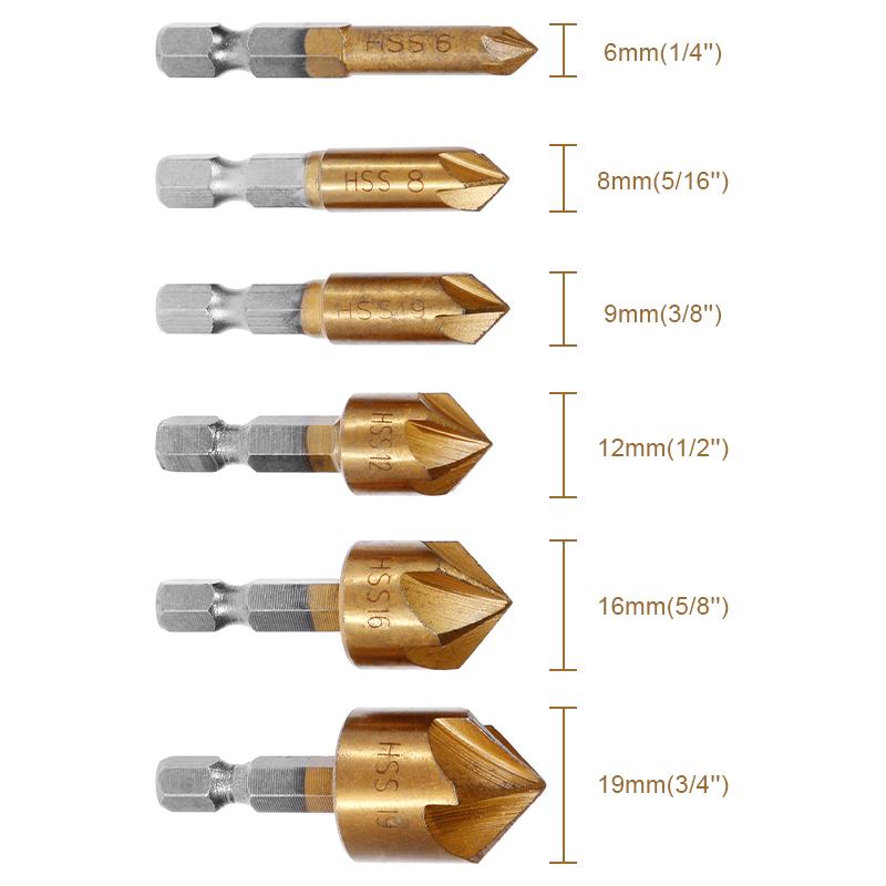 6 Pcs Countersink Drill Bit Set 90 Degree Wood Chamfering Cutter