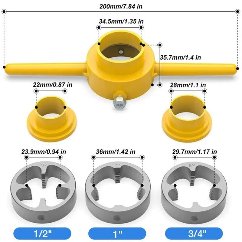 6PCS Plastic Pipe Thread Die Kit PVC/NPT Thread Maker 1/2" 3/4" 1" Plumbing Thread Tools Water Pipe Die Tap Wrench Set